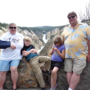 The Canyon Falls blocked by myself with family.  Canyon Falls campground and visitors center is nice, not quite as packed in as the Fishing Bridge CG.