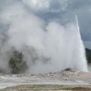 Gratuitous Old Faithful shot.  The geyser reaches heights of 90 to 184 feet.  The newly constructed visitors center is really nice and they have an "E