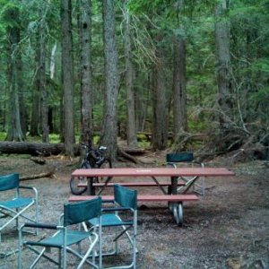 Our TT door opens to the picnic table and an endless cedar forest playground for the kids.  Love it!