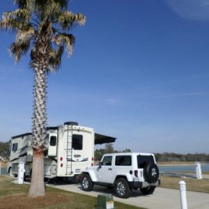 Lake Osprey RV Resort, Elberta, AL.  Bertha's windshield gave us excellent views of the lake and the Osprey as they hunted their prey twice a day. Feb