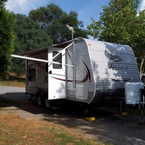 Our trailer all set up and ready to camp in.