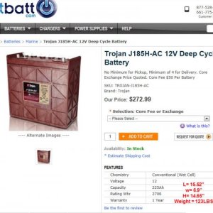 BATTERY   Trojan 12Volt   225Ah