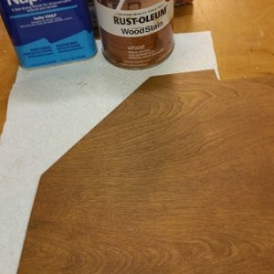 Cheap plywood sucks up stain like a Frat house sucks up beer. Using what I had on the shelf, color is close enough for the prototype.