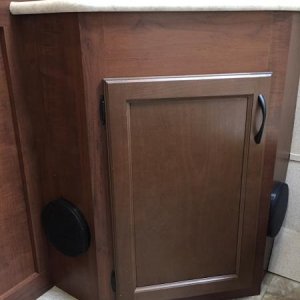 DH wanted speakers in the bathroom, so he mounted them on both sides of the sink cabinet.