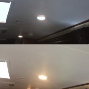 Installed photographic gels in the LED lights to warm them up. Before (top) and after (bottom).