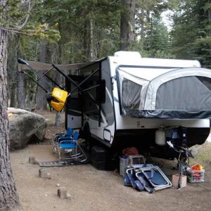 Jayco Feather Alpine Lake before rain storm