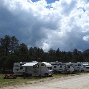 Harvey the RV at Burro Mountain Storm clouds coming in