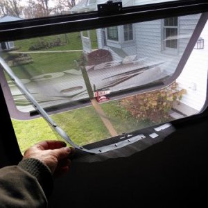 Rear window screen held on with super magnets from Harbour freight.