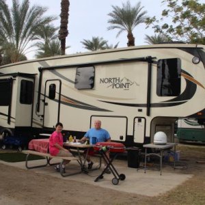 Thousand Trails Palm Desert RV park with our own grapefruit tree and heated swimming pool nearby