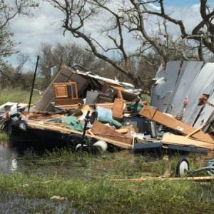 This is a photo of our 94 Jayco 3250FK after taking a direct hit from Hurricane Harvey.