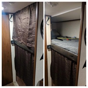 Added curtain to top bunk.  Used ceiling mounted GlideTape Track and stock curtain material from Jayco to match the OEM Queen bed material.  Got the c