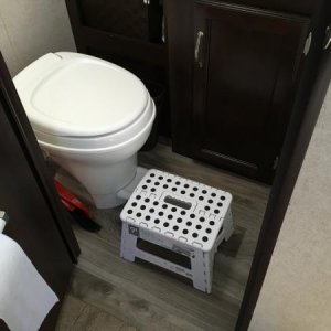 For less than $8 we found a folding stool to allow DW to reach bathroom vent fan switch.