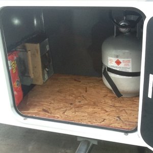 Installed backup propane tank. It’s piped into the motorhome LP line and valve will remain closed until I need it. 
Also made 12” x 12” x 22” storage 