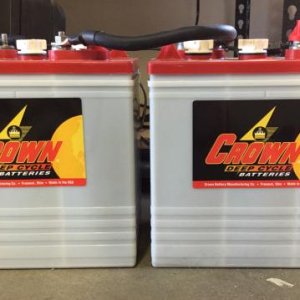 Two Crown CR235 six volt batteries wired in series to give 235 AH at 12 volts