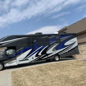 Our new RV “Blue Jay” arrives at home.