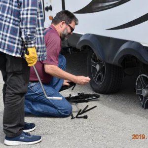 Jacking a trailer with the OEM jack from our RAM 1500 was pretty sporty.  Before getting too far under things after jacking the trailer up, I stacked 