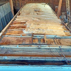 Finished removing the roof sheathing. Labor intensive! It's 38 degrees in my "workshop" (the barn) and I'm sweating like crazy! Lots of screws under t