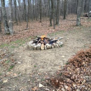 The fire ring in our backyard.  Who needs a campground?  Last year’s Christmas tree (camouflaged by the leaves in the lower right corner of the pictur