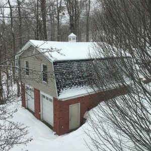 The “MAN CAVE” in a snowstorm. That garage is why I bought the house.