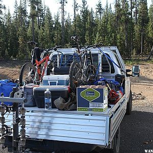 Flatbed loaded for a weekend of camping and bike racing