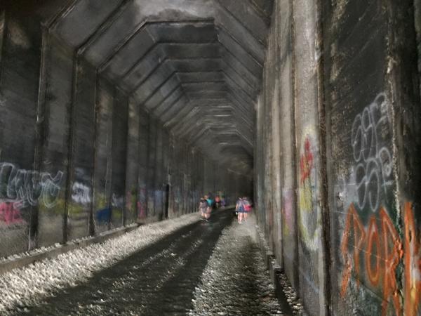 A bit blurry but you can see where the old "cut" was inside the tunnel. The walls are peppered with graffiti, some of it is true art, others are just 