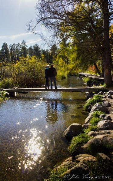 A Young Family on a short Foot Bridge Spanning the Beginning of the Mississippi River, Itasca, MN