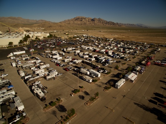 Aerial of lot filled with RV’s camping at Shamrock GP