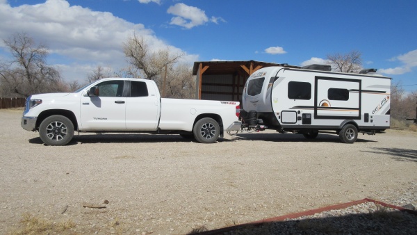 Another picture of the trailer and truck hooked up.  Trailer is loaded but does not have water on board.