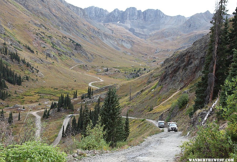 Approaching Cinnamon Pass switchbacks - American Basin in the background