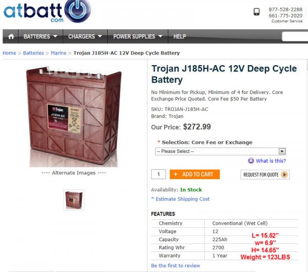 BATTERY   Trojan 12Volt   225Ah