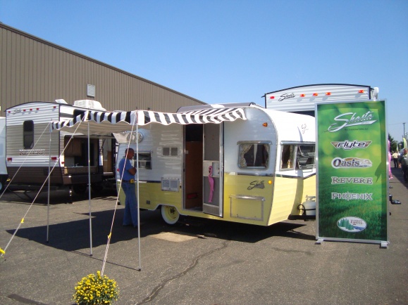 Butternut over White 16' at the Forest River 2014 Expo in Elkhart Indiana. This is a limited run of only 1941 "1961 Shasta Airflyte Re-Issued in 2015"