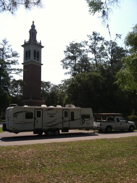 Camper in front of the Bell Tower