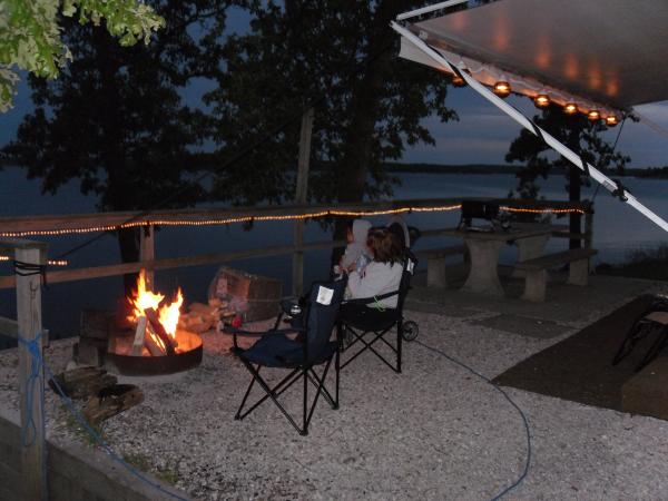 campfire overlooking the lake