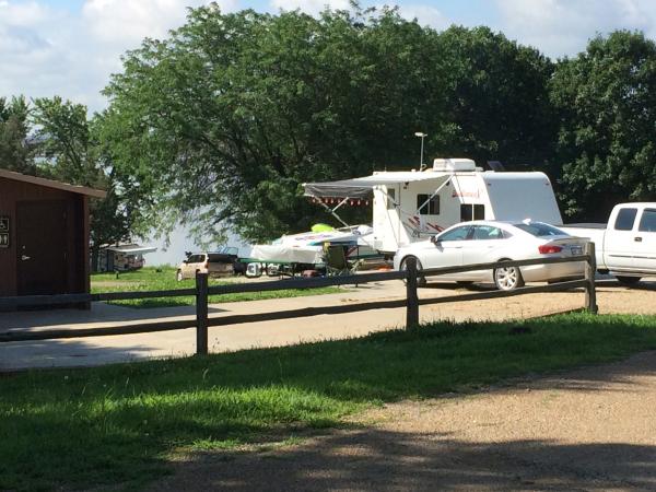 Camping at Lake Perry, Kansas.  Last spot available. Lucky-concrete slab to park on and next to flush toilets!