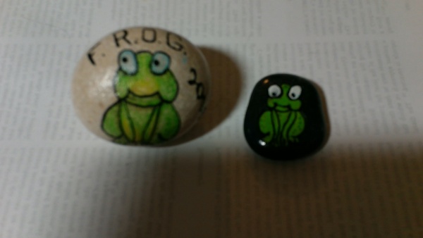 Cheerful frogs. We paint kindness rocks and leave them in places we visit.