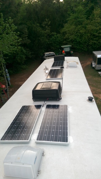 Closest Solar panels are 2 Renogy monocrystilline panels 100 watts each and the farthest 2 solar Panels are Eco monocrystylline panels 160 watt each. 