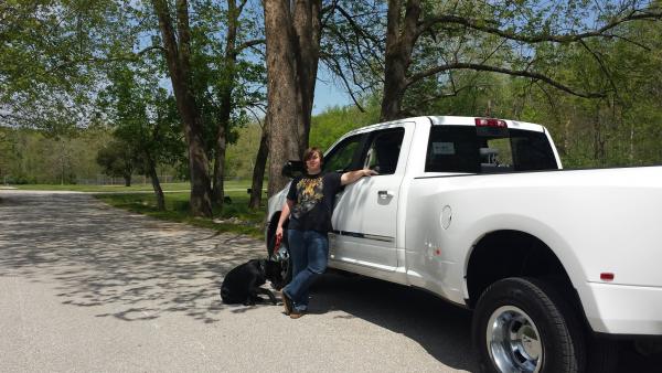 Conan, 2015 RAM 3500 6.7 Cummins DRW with my favorite person, Sam and my favorite dog, Bruce.  May 2015 Babler State Park, MO