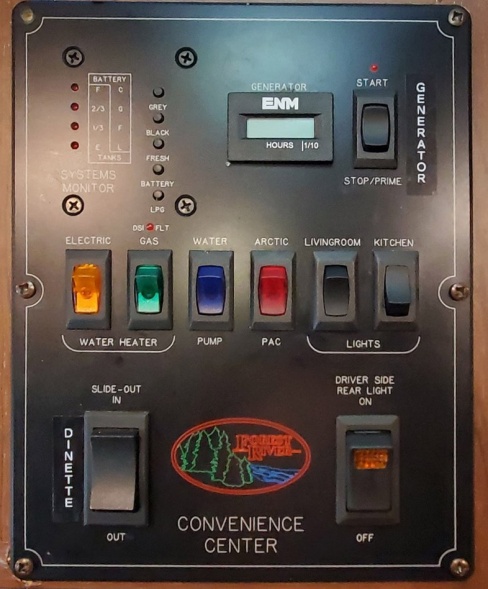 Convenience Center re-do.  Colored switches to better know what is ON.  Illuminated driver-side porch switch.  And a few labels.