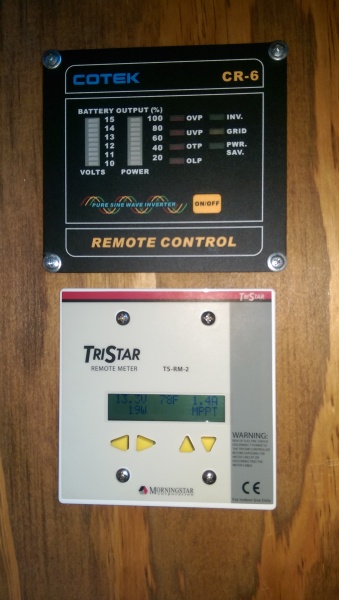 Cotek CR-6 Inverter Remote and below that is the Morningstar Solar remote charge controller display and data logger