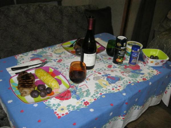 Dinner of steak, corn, purple fingerlings & wine!!  mmmm good