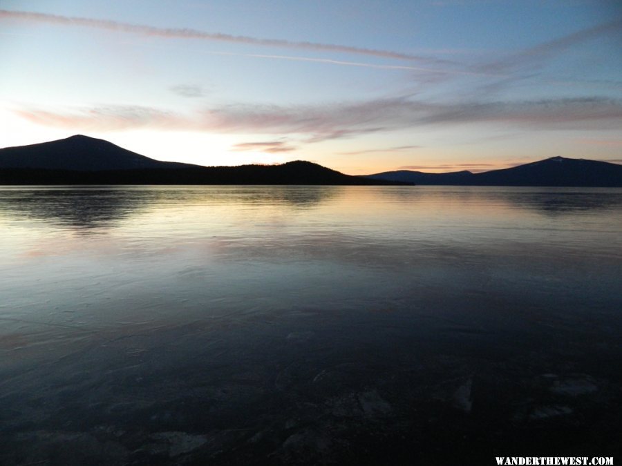 Frozen Klamath Lake at sunset.