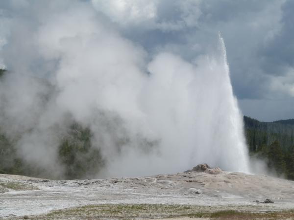 Gratuitous Old Faithful shot.  The geyser reaches heights of 90 to 184 feet.  The newly constructed visitors center is really nice and they have an "E