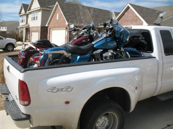 Harleys in the back of the truck