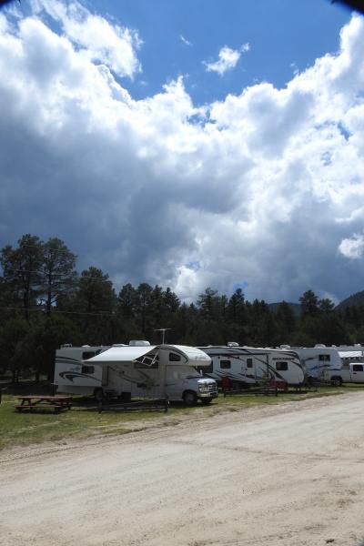 Harvey the RV at Burro Mountain Storm clouds coming in