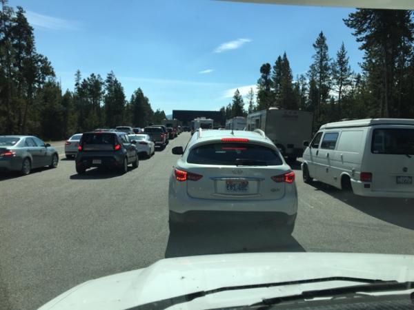 Harvey the RV waiting to get into Yellowstone from the West entrance