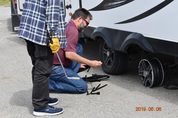 Jacking a trailer with the OEM jack from our RAM 1500 was pretty sporty.  Before getting too far under things after jacking the trailer up, I stacked 