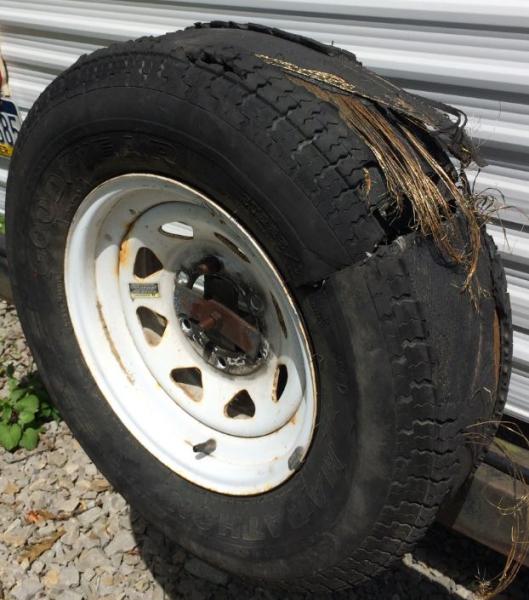 Jayco Blow Out 2016/08/28  This tire blew out just after I passed an 18 wheeler that had merged onto I-70 from a rest area. The blast loosened the new