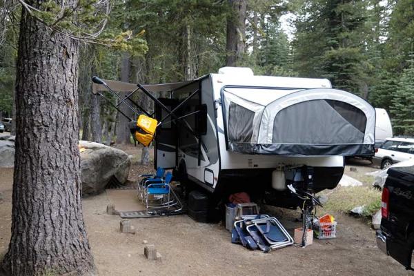 Jayco Feather Alpine Lake before rain storm