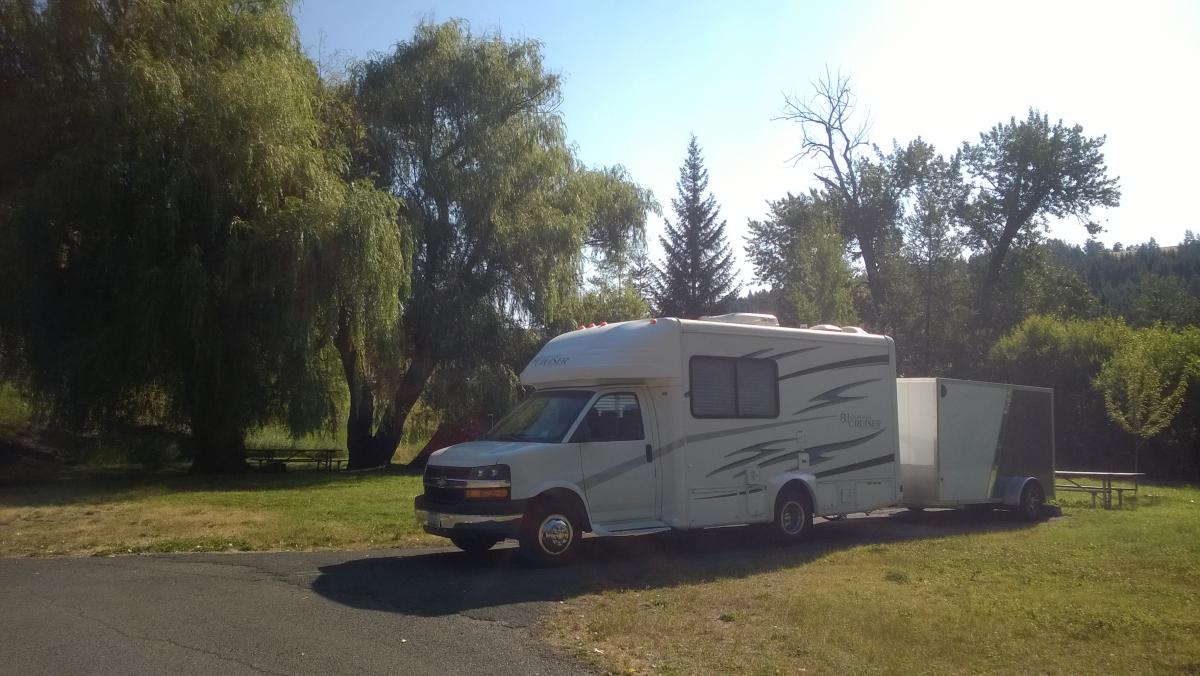 July in Oregon.  This is the largest pad at Hilgard Jct State Park. $10/night.  Dry camping, first come.