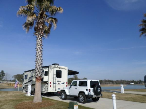 Lake Osprey RV Resort, Elberta, AL.  Bertha's windshield gave us excellent views of the lake and the Osprey as they hunted their prey twice a day. Feb